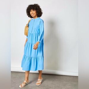 PIECES Poplin Tiered Blue Midi Dress M